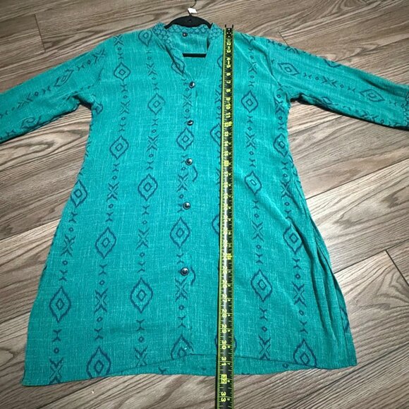 Vintage 90s Teal Geometric Tunic Button-Up – Size L - Picture 9 of 15